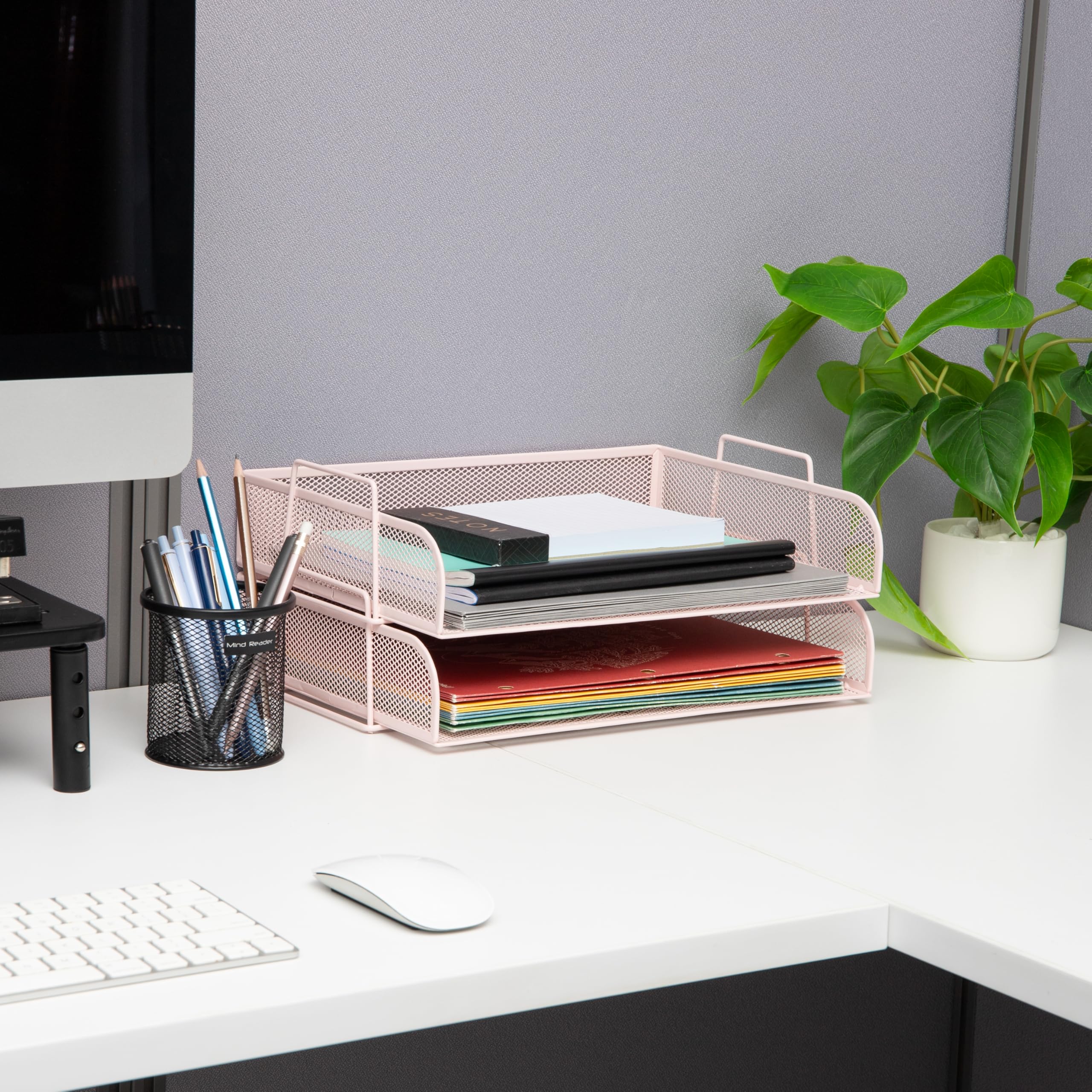 Mind Reader Stackable Paper Tray, 2 Pcs., Desktop Organizer, File Storage, Office, Metal Mesh, 14" L x 9.75" W x 6" H, Pink