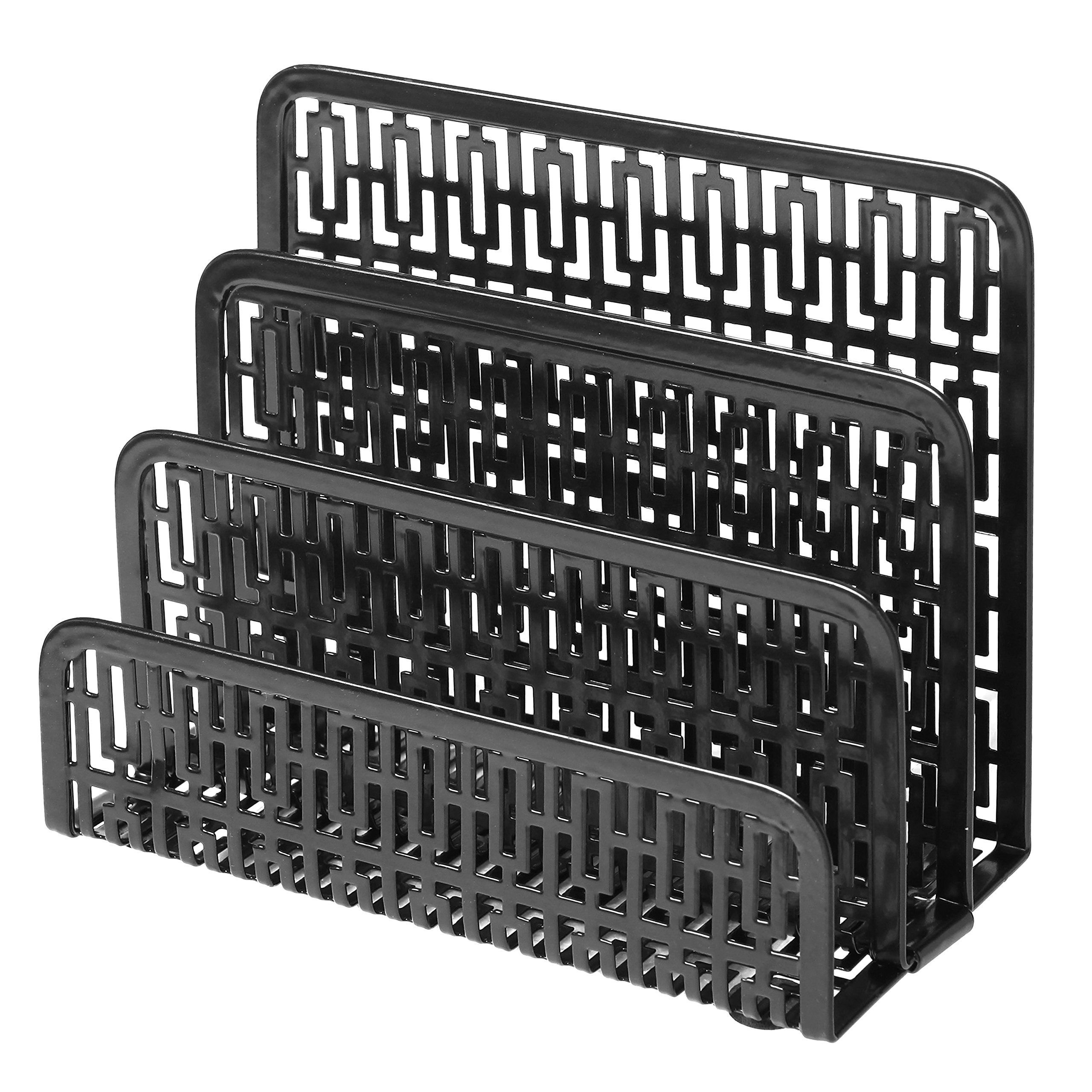 MyGift 3 Slot Black Metal Office Desktop Mail Holder Organizer with Geometric Cut-Out Perforated Design, Desk Letter, Bills and Mail Sorter, Document Tray