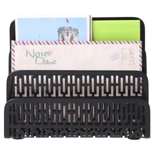 MyGift 3 Slot Black Metal Office Desktop Mail Holder Organizer with Geometric Cut-Out Perforated Design, Desk Letter, Bills and Mail Sorter, Document Tray