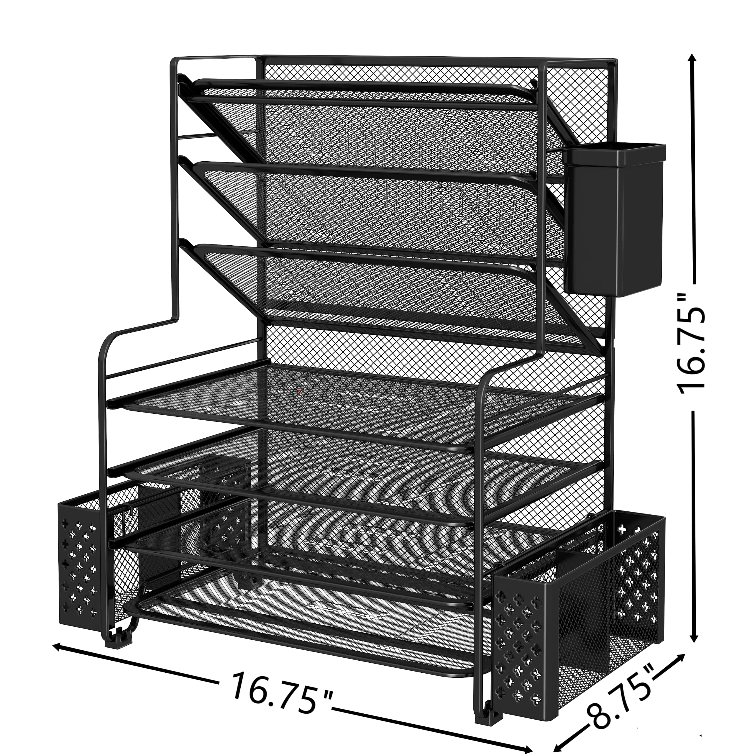 Simple Trending 7 Tier Desk File Organizer, Letter Tray Paper Organizer with Pen Holder and Metal Hanging Basket, Black