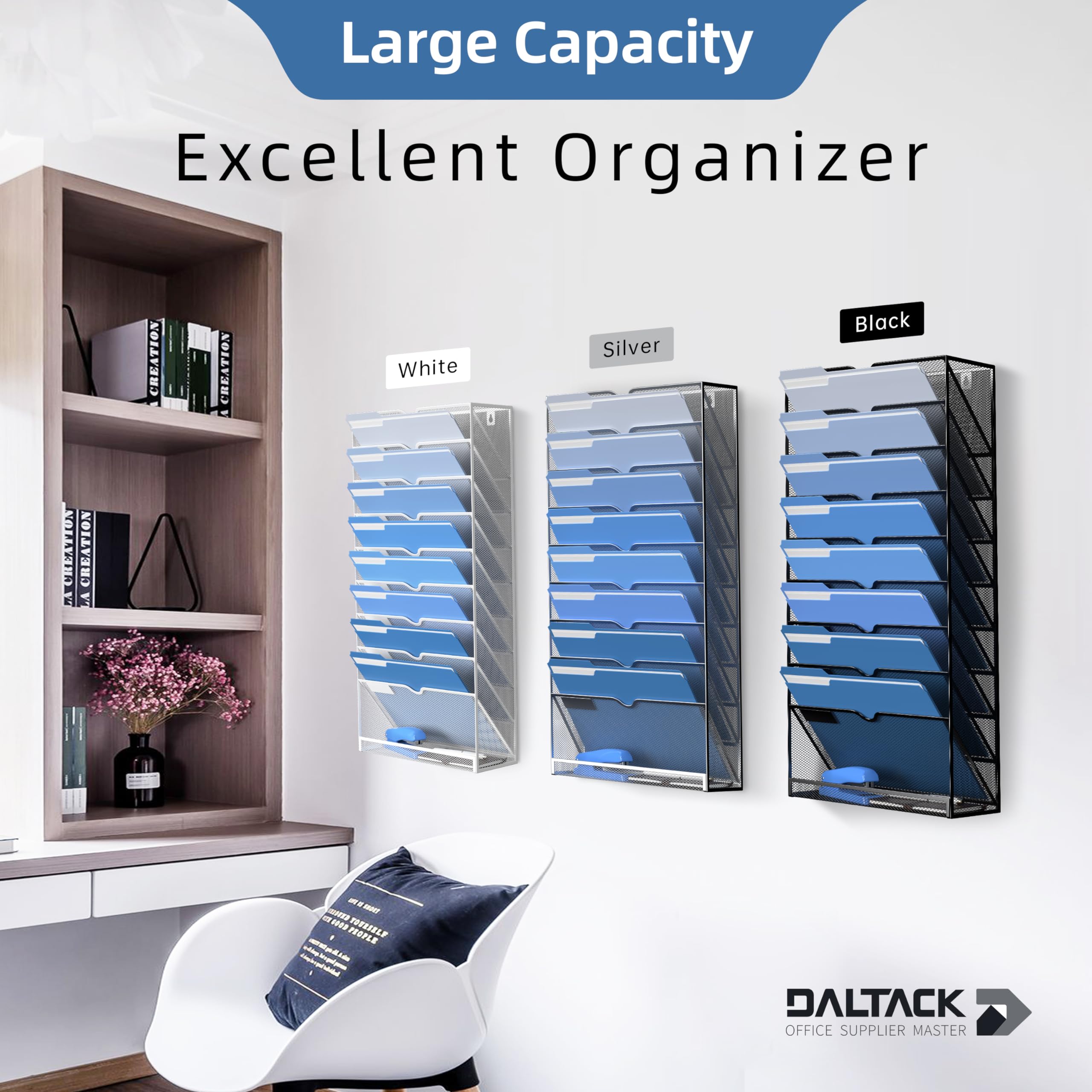 DALTACK Wall File Holder 10 Tier Hanging Wall File Organizer, for Papers Mails Folders Clipboard Magazine Organization, for Office Home, Mesh Metal, Black