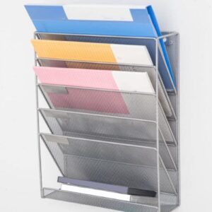 Wall File Organizer 5 Tier Silver Heavy Duty Metal Mesh Hanging Mail Magazine Rack 40 x 32 x 11 cm Vertical Paper Holder for Newspaper Folders