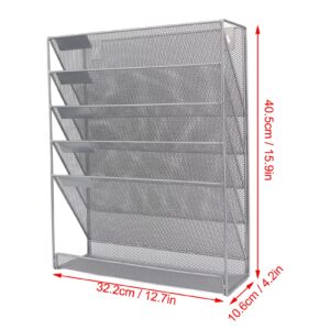 Wall File Organizer 5 Tier Silver Heavy Duty Metal Mesh Hanging Mail Magazine Rack 40 x 32 x 11 cm Vertical Paper Holder for Newspaper Folders