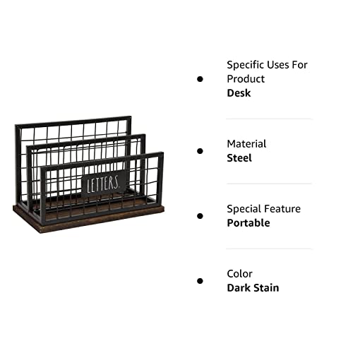 Rae Dunn Desktop Letter Holder – 2 Compartment Mail and Stationary Table Top Organizer – Chic and Stylish Galvanized Steel and Solid Wood - “Letters” Print - for Home and Office