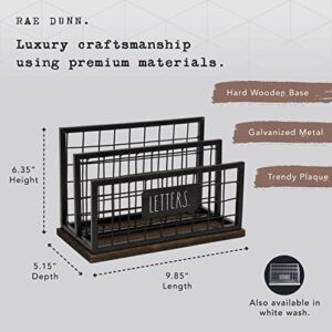 Rae Dunn Desktop Letter Holder – 2 Compartment Mail and Stationary Table Top Organizer – Chic and Stylish Galvanized Steel and Solid Wood - “Letters” Print - for Home and Office