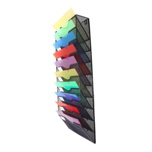 Orangepatrick 10 Tier Wall Mounted Hanging File Organizer Rack - Black Mesh Office or Classroom Holder Sorter for Documents, Magazines, Folders & More - Complete with File Folders and Label Stickers