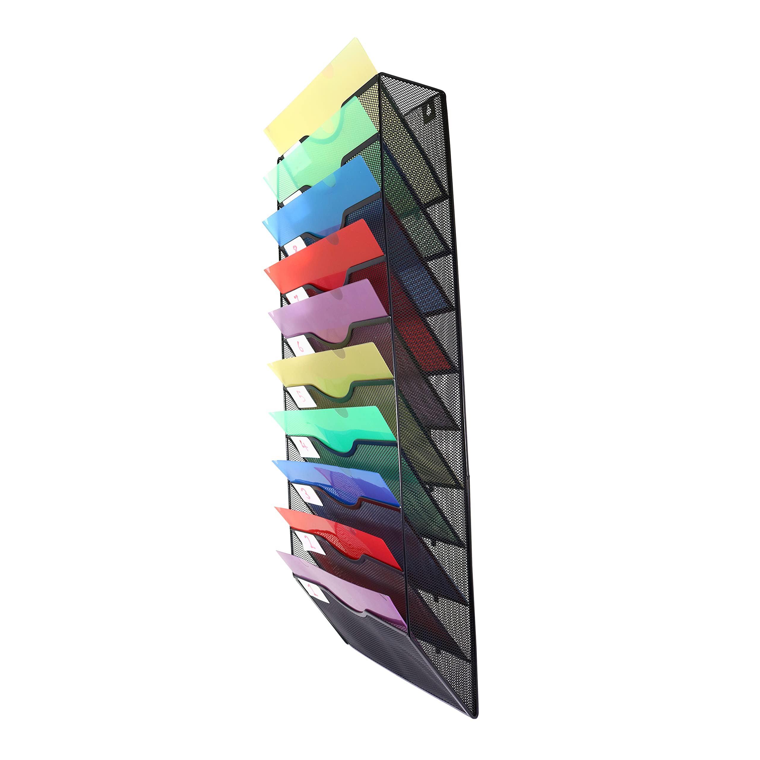 Orangepatrick 10 Tier Wall Mounted Hanging File Organizer Rack - Black Mesh Office or Classroom Holder Sorter for Documents, Magazines, Folders & More - Complete with File Folders and Label Stickers