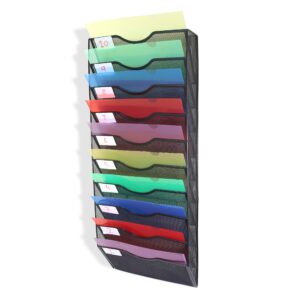 Orangepatrick 10 Tier Wall Mounted Hanging File Organizer Rack - Black Mesh Office or Classroom Holder Sorter for Documents, Magazines, Folders & More - Complete with File Folders and Label Stickers