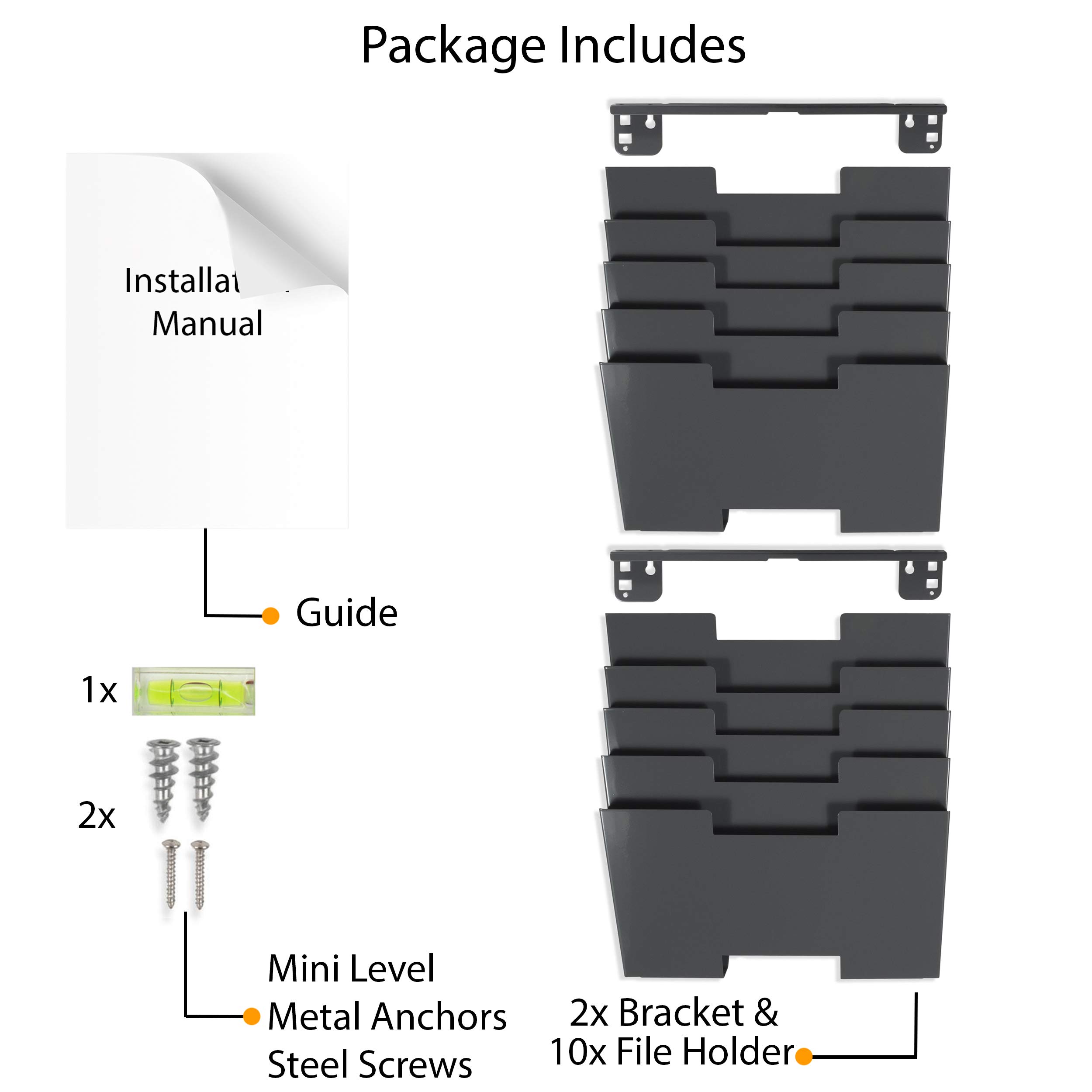 Gray Wall Mount Steel Vertical File Organizer Holder Rack 10 Sectional Modular Design Wider Than Letter Size 13 Inch Multi-Purpose Organize Display Magazines Sort Files and Folders