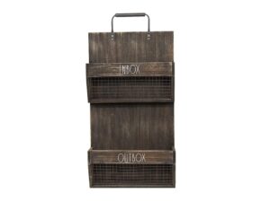 rae dunn wall file holder – 2 tier vintage wooden inbox and outbox with galvanized steel wire document and paperwork organization and storage – mounts to wall and doors