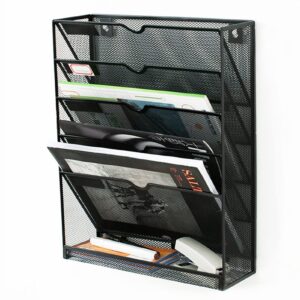 Wall File Organizer 5 Tier Heavy Duty Metal Mesh Hanging Mail Magazine Rack 41 x 32 x 10 cm Vertical Paper Holder for Newspaper Folders(Black)