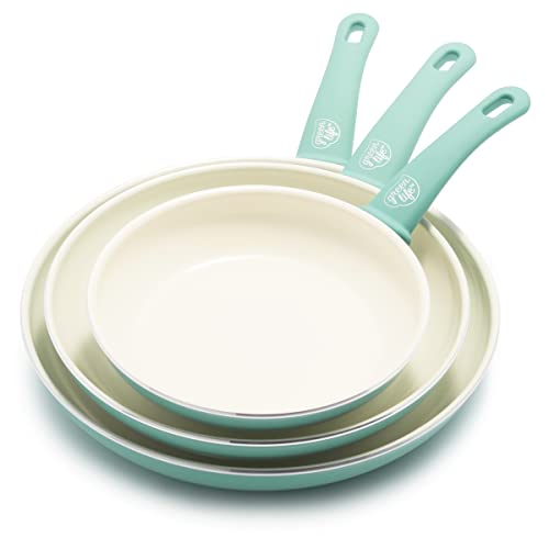 GreenLife Soft Grip Healthy Ceramic Nonstick, 8" 10" and 12" Frying Pan Skillet Set, PFAS-Free, Dishwasher Safe, Turquoise