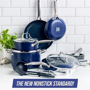 Blue Diamond Cookware Diamond Infused Ceramic Nonstick, 4 Piece Cookware Pots and Pans Set, PFAS Free, Dishwasher Safe, Oven Safe, Blue