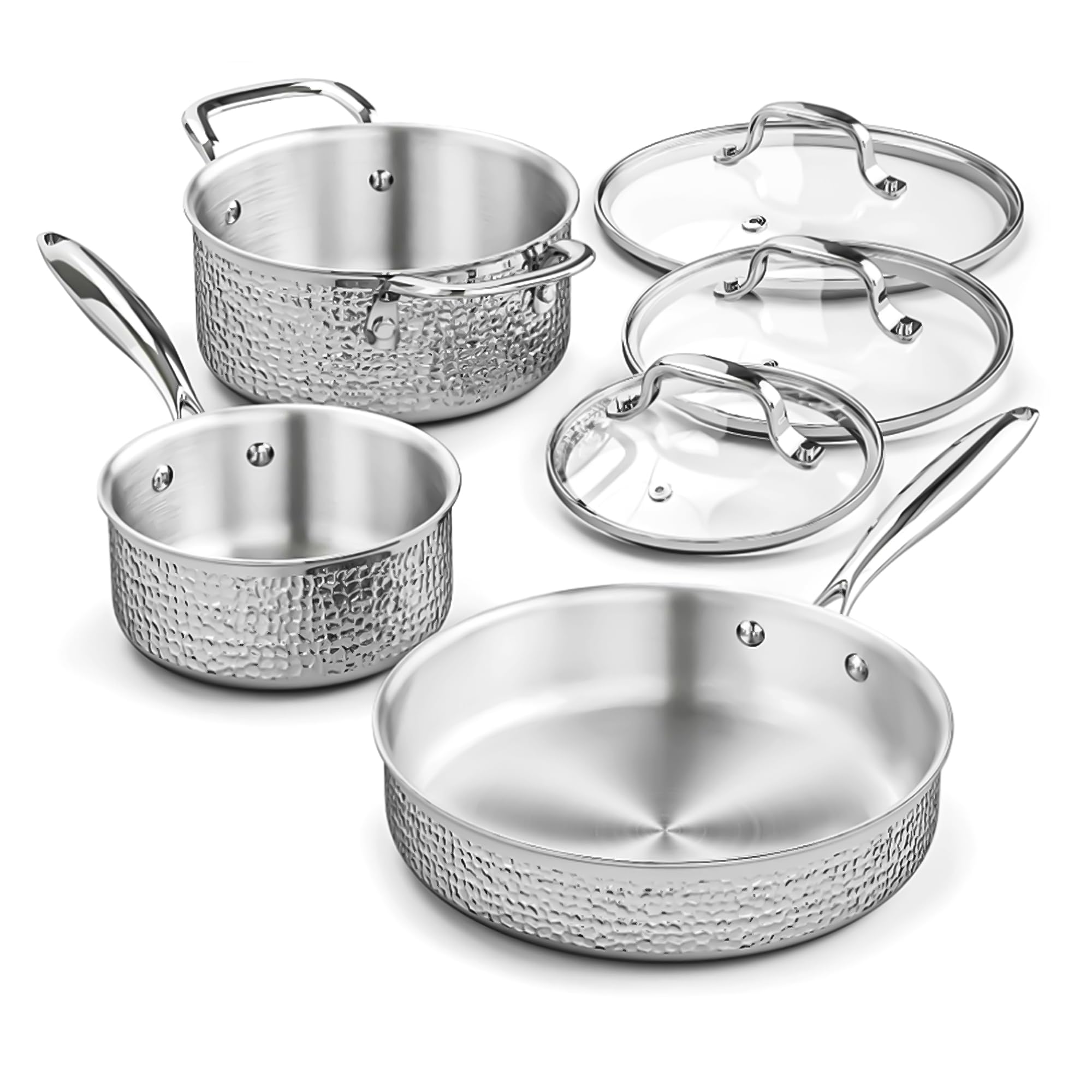 Aufranc Stainless Steel Pots and Pans Set with Glass Lid, 6pcs Hammered Cookware Set, Kitchen Induction Cooking Pot and Pan Set Suitable for All Cooktops, Oven & Dishwasher Safe, Non-Toxic (Silver)