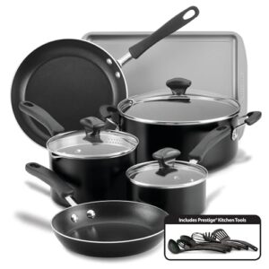 farberware cookstart diamondmax nonstick cookware/pots and pans set with glass lids, dishwasher safe, includes baking pan and kitchen cooking tools, 15 piece - black