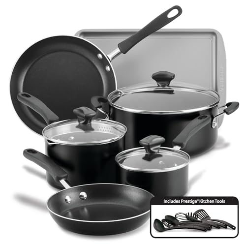 Farberware Cookstart DiamondMax Nonstick Cookware/Pots and Pans Set with Glass Lids, Dishwasher Safe, Includes Baking Pan and Kitchen Cooking Tools, 15 Piece - Black