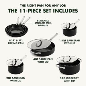 GreenPan Omega Hard Anodized Advanced Healthy Ceramic Nonstick, 11 Piece Cookware Pots and Pans Set with Glass Lids, Anti-Warping Induction Base, Dishwasher Safe, Oven & Broiler Safe, Black