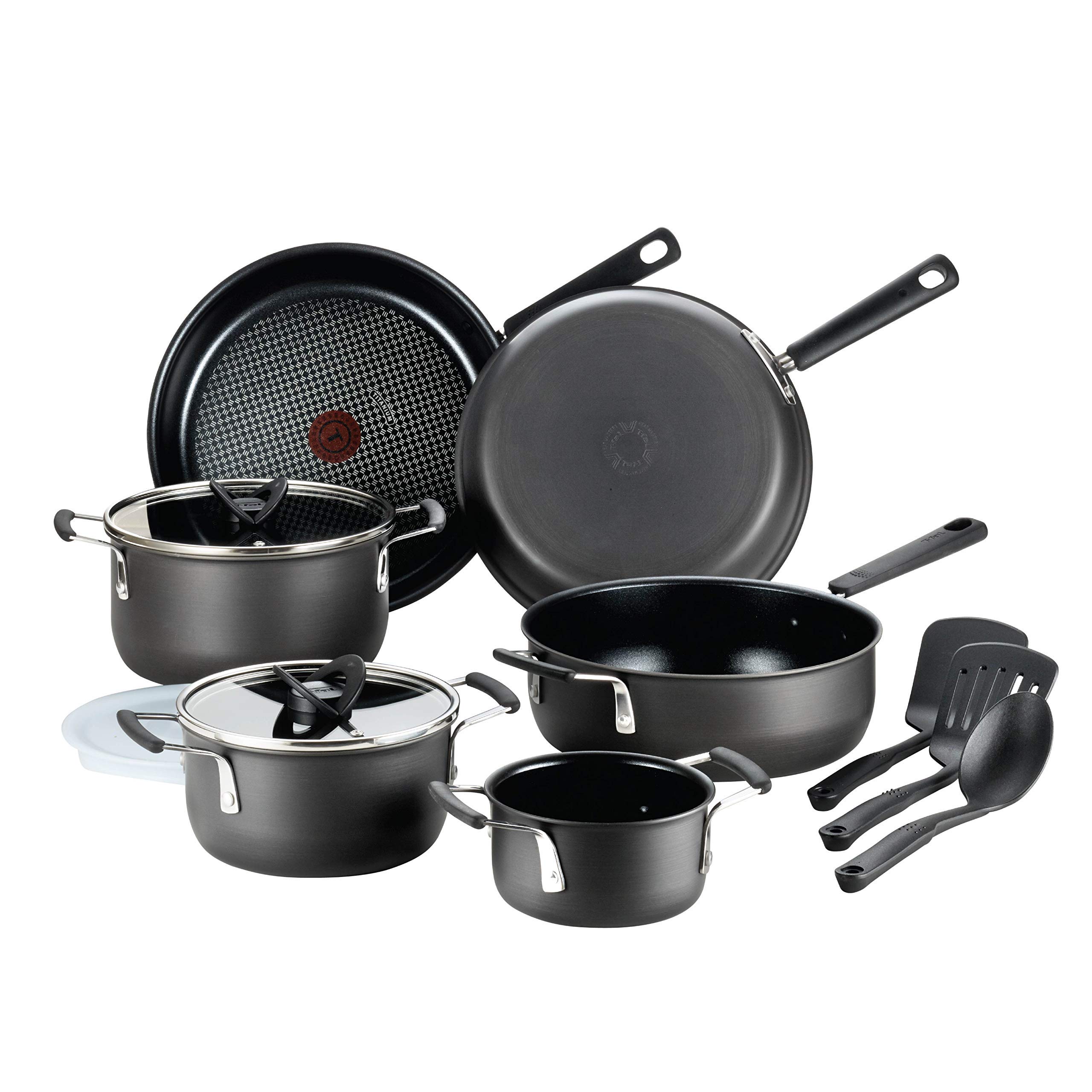 T-fal All In One Hard Anodized Nonstick Cookware Set 12 Piece Pots and Pans, Dishwasher Safe Black