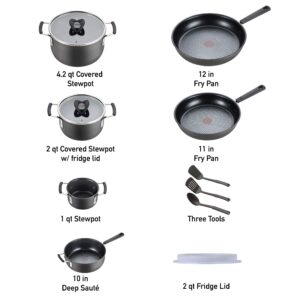 T-fal All In One Hard Anodized Nonstick Cookware Set 12 Piece Pots and Pans, Dishwasher Safe Black