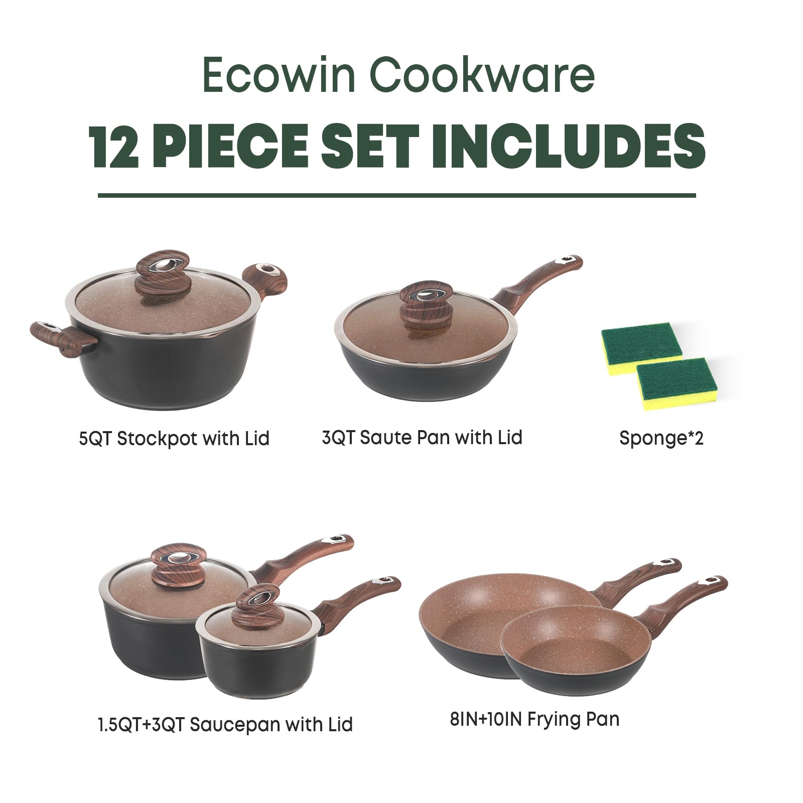 Ecowin Pots and Pans Set Nonstick 12 Pcs, Granitestone Cookware Set Nonstick, Pans and Pots Cookware Set, Induction Compatible Cooking, Dishwasher and Oven Safe,Kitchen Cookware Sets PFOA Free