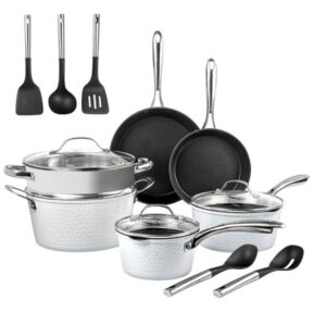 granitestone 15 pc hammered kitchen pots and pans set non stick, pot and pan set, kitchen cookware sets, induction cookware set, non stick pots and pan set with lids, pot set, dishwasher safe, white