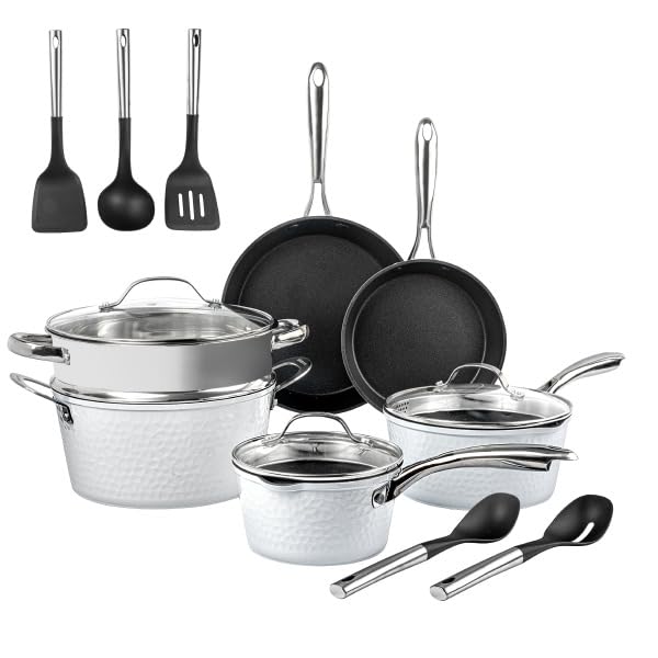 Granitestone 15 Pc Hammered Kitchen Pots and Pans Set Non Stick, Pot and Pan Set, Kitchen Cookware Sets, Induction Cookware Set, Non Stick Pots and Pan Set with Lids, Pot Set, Dishwasher Safe, White