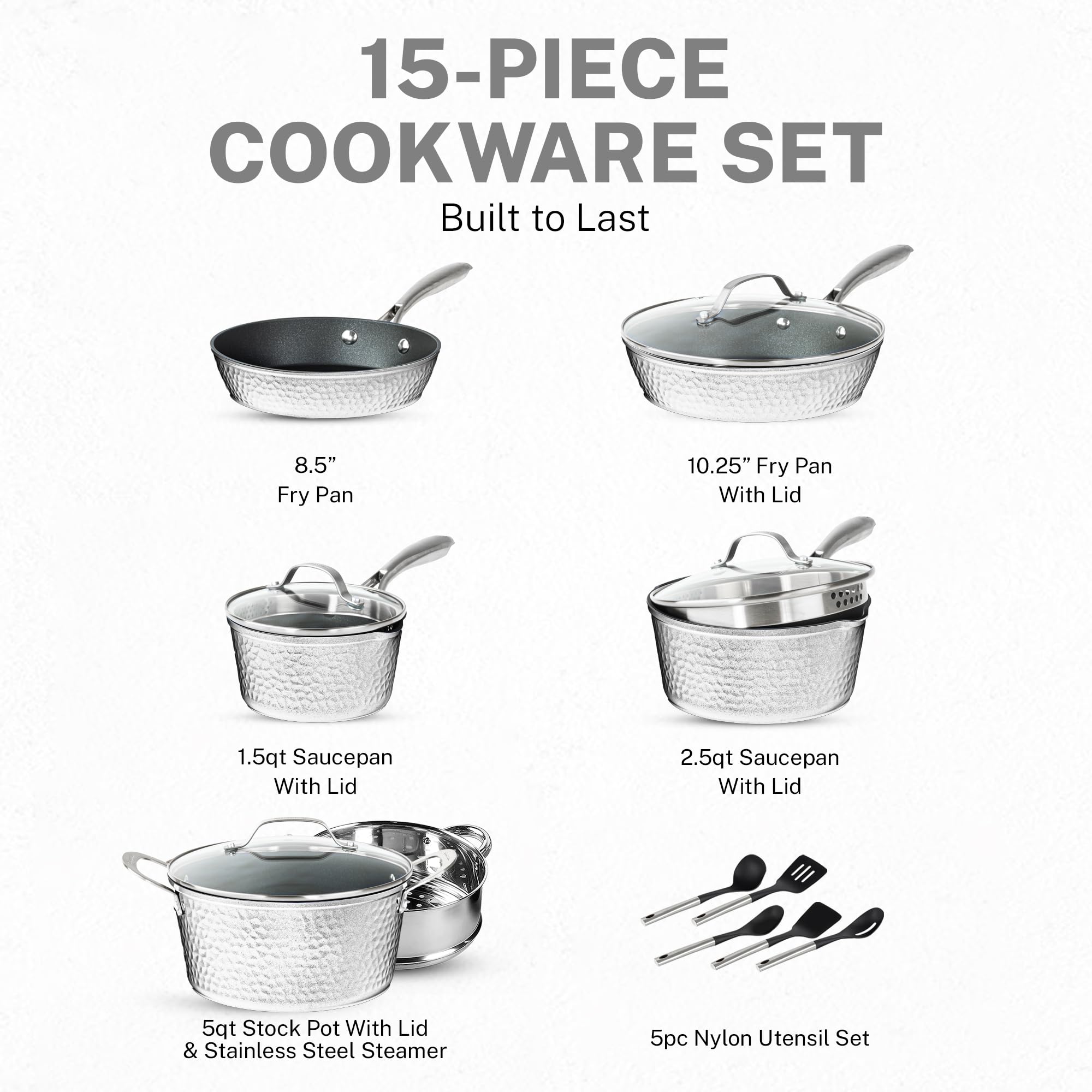 Granitestone 15 Pc Hammered Kitchen Pots and Pans Set Non Stick, Pot and Pan Set, Kitchen Cookware Sets, Induction Cookware Set, Non Stick Pots and Pan Set with Lids, Pot Set, Dishwasher Safe, White