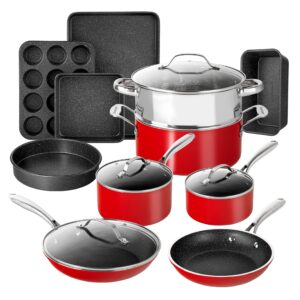 granitestone 15 pc pots and pans set non stick, kitchen cookware sets, ultra durable pots and pans for cooking with nonstick coating, dishwasher stovetop & oven safe, healthy & toxin free