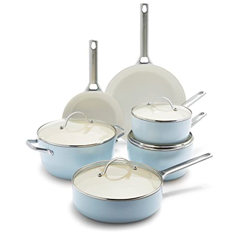 GreenPan Padova Hard Anodized Healthy Ceramic Nonstick, 10 Piece Cookware Pots and Pans Set, PFAS-Free, Dishwasher Safe, Light Blue