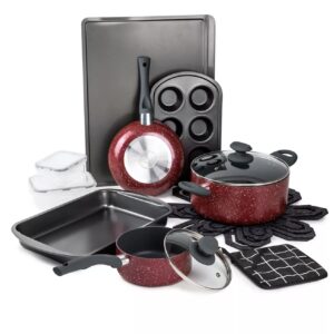 Brooklyn Venus Nonstick Aluminum Cookware Set 16 Piece Pots and Pans With Glass Lid, Dishwasher Safe Red