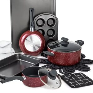 Brooklyn Venus Nonstick Aluminum Cookware Set 16 Piece Pots and Pans With Glass Lid, Dishwasher Safe Red