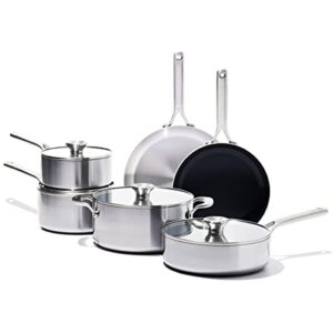 oxo mira tri-ply stainless steel, 10 piece cookware pots and pans set including ceramic nonstick frying pan, induction, multi clad, dishwasher and metal utensil safe