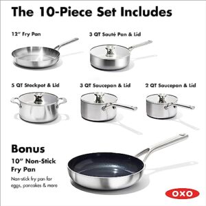 OXO Mira Tri-ply Stainless Steel, 10 Piece Cookware Pots and Pans Set including Ceramic Nonstick Frying Pan, Induction, Multi Clad, Dishwasher and Metal Utensil Safe