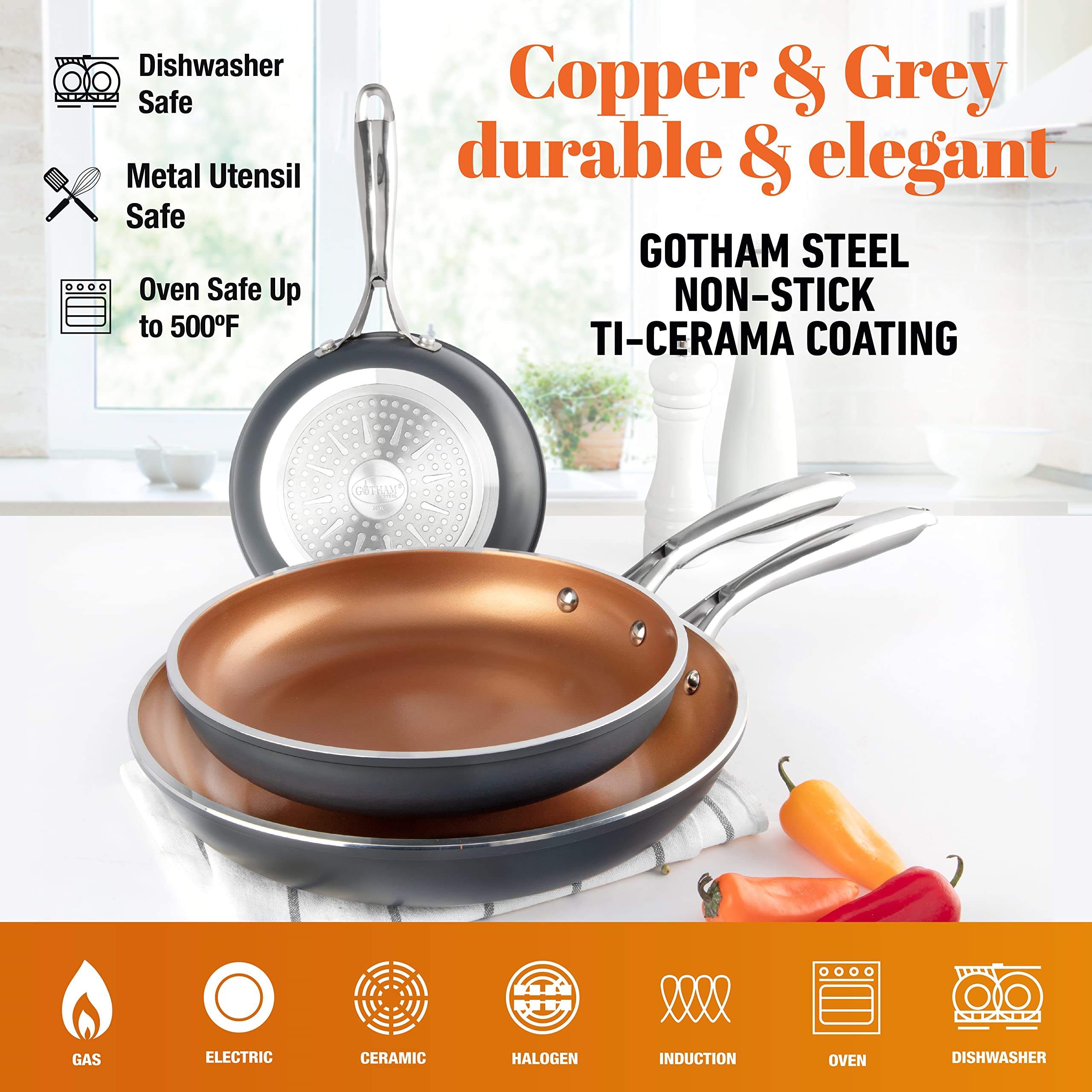 Gotham Steel Frying Pan Set, 3 Piece Nonstick Ceramic Copper Fry Pans Set, 8”, 10” & 12” Nonstick Frying Pans, Nonstick Skillet Set, Omelet Pan, Cookware, PFOA Free, Dishwasher Safe, Cool Touch Handle