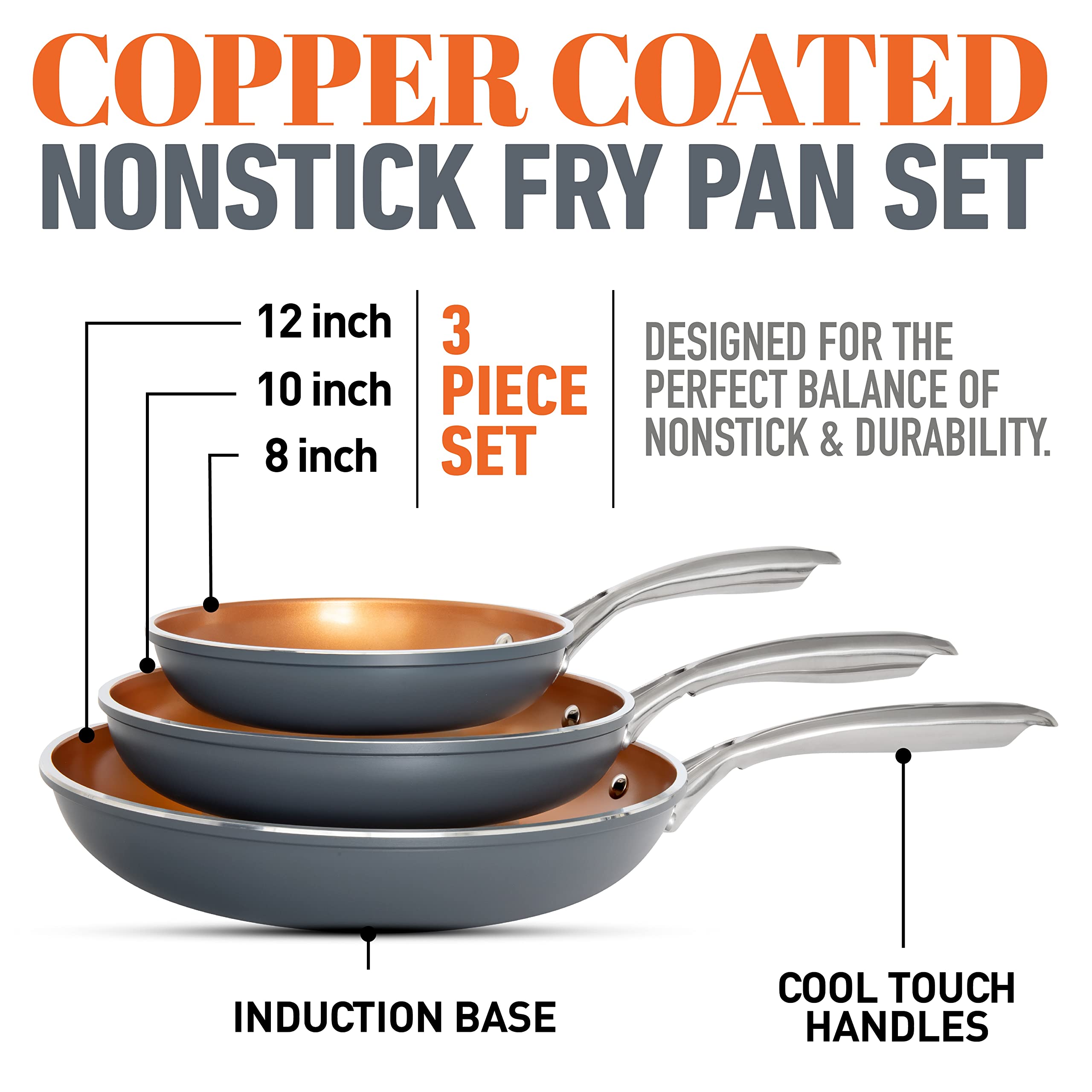 Gotham Steel Frying Pan Set, 3 Piece Nonstick Ceramic Copper Fry Pans Set, 8”, 10” & 12” Nonstick Frying Pans, Nonstick Skillet Set, Omelet Pan, Cookware, PFOA Free, Dishwasher Safe, Cool Touch Handle