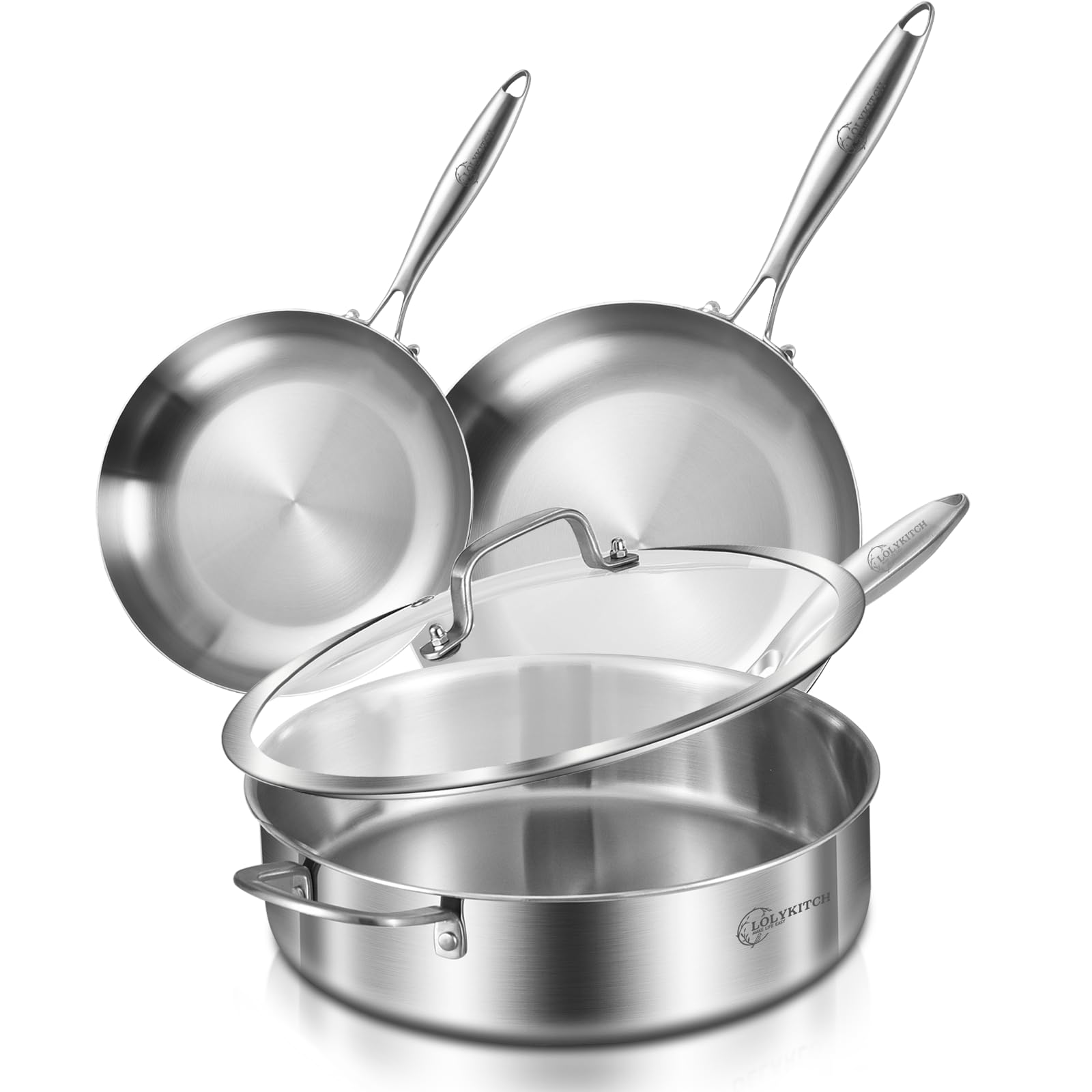 LOLYKITCH 8-10 Inch Tri-ply Stainless Steel Fry Pans and 6 QT Sauté Pan with Lid,Skillets,Induction Pots and Pans Set,Dishwasher and Oven Safe,Detachable Handle Cookware Set.