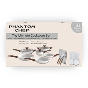 PHANTOM CHEF 18-Piece Cookware Set | Non-Stick Ceramic Coating | Oven & Dishwasher Safe | PFOA-Free | Aluminum Pots & Pans Set with Lids | Stay-Cool Handles | Induction Stovetop Compatible (Beige)