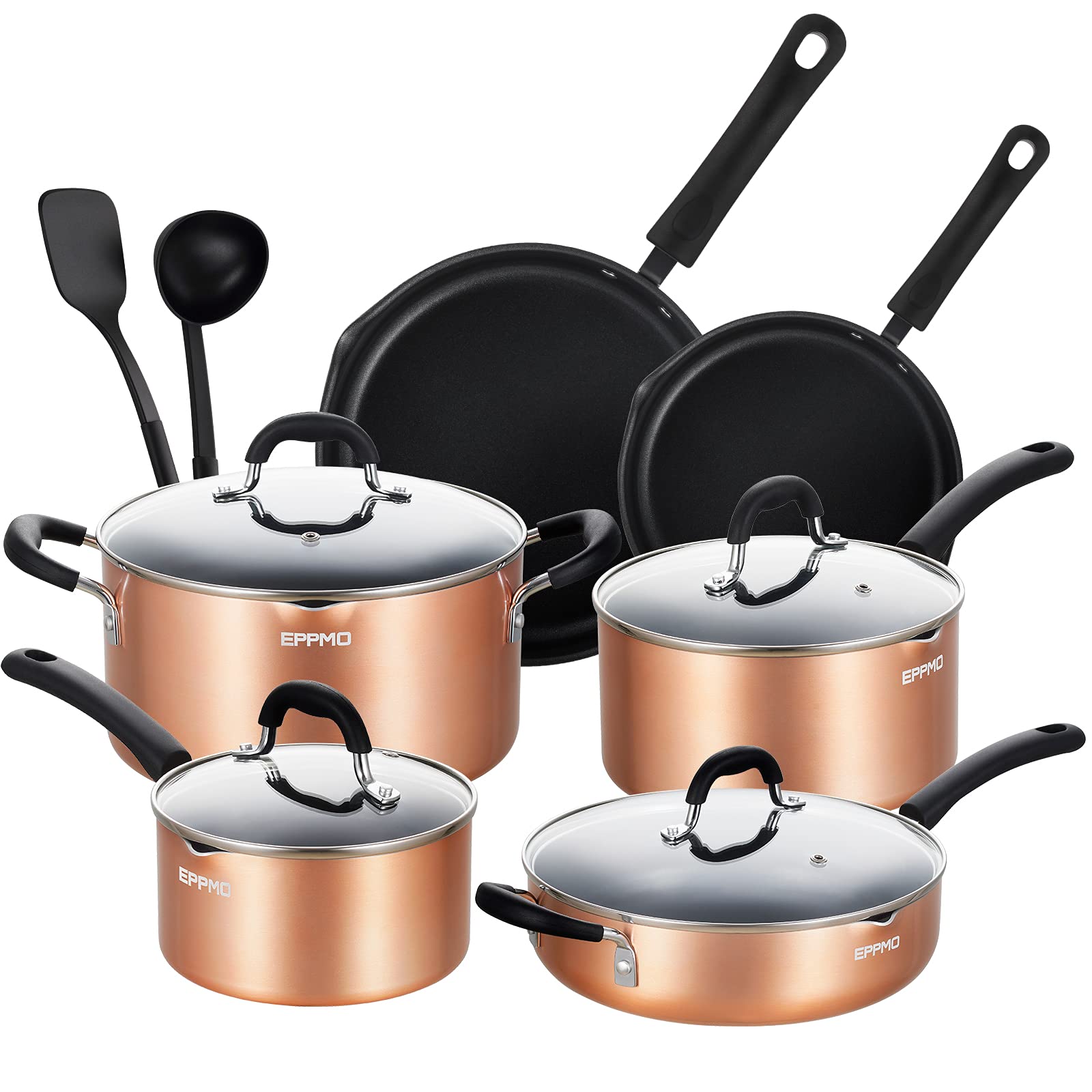 EPPMO Nonstick 12 Pieces Cookware Set, Copper Pots and Pans With Stay Cool Silicone Handle, Dishwasher Safe & Induction Compatible