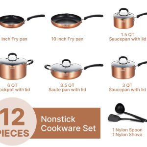 EPPMO Nonstick 12 Pieces Cookware Set, Copper Pots and Pans With Stay Cool Silicone Handle, Dishwasher Safe & Induction Compatible