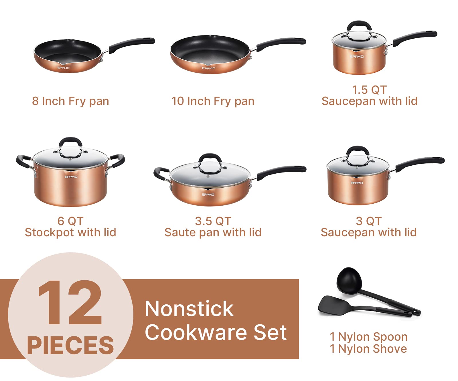 EPPMO Nonstick 12 Pieces Cookware Set, Copper Pots and Pans With Stay Cool Silicone Handle, Dishwasher Safe & Induction Compatible