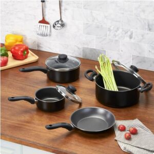 Deahun Mainstays 7 Piece Non-Stick Cookware Set Aluminium Mint, Dishwasher Safe (Black)