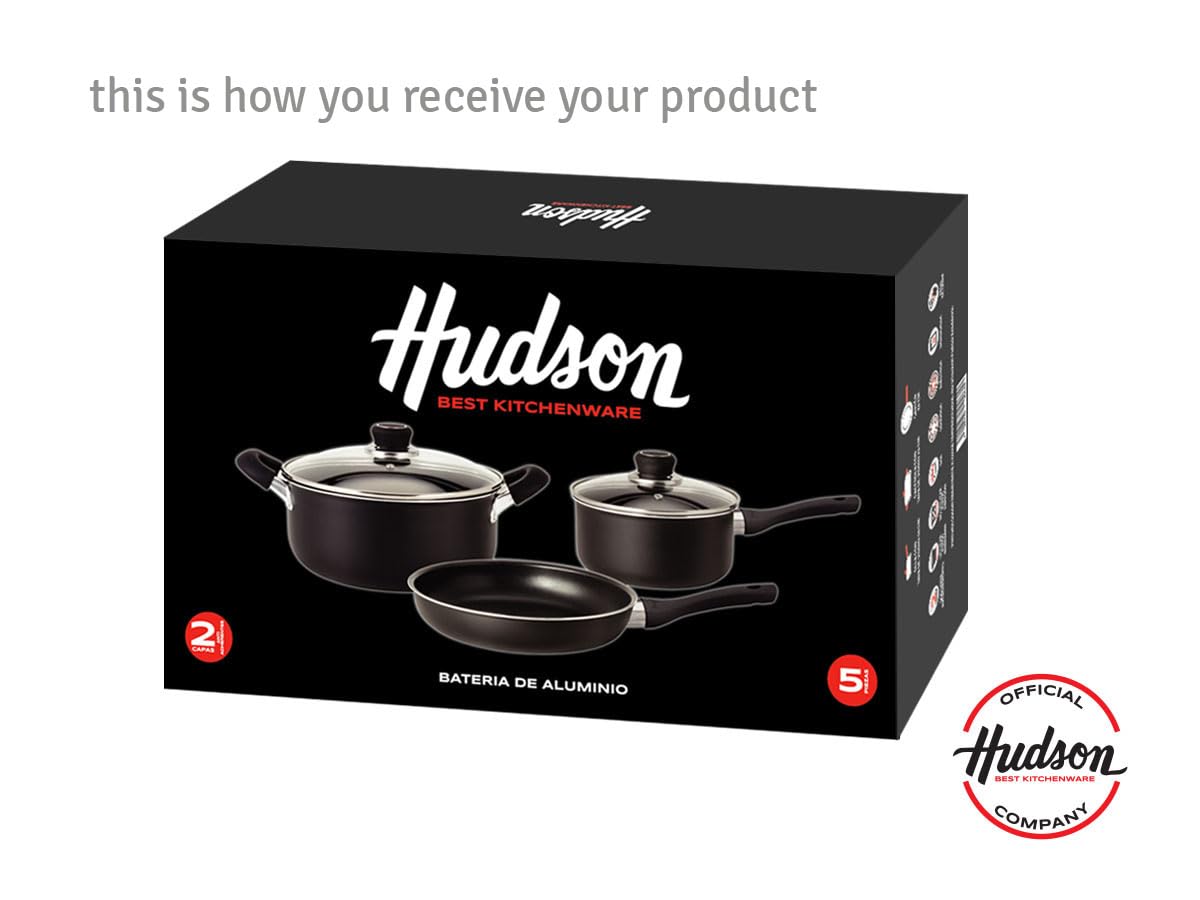 HUDSON Pots and pans Set Nonstick Black Cookware Sets, 5 pcs Set w/Frying Pan, Pot & Saucepan, Dishwasher Safe