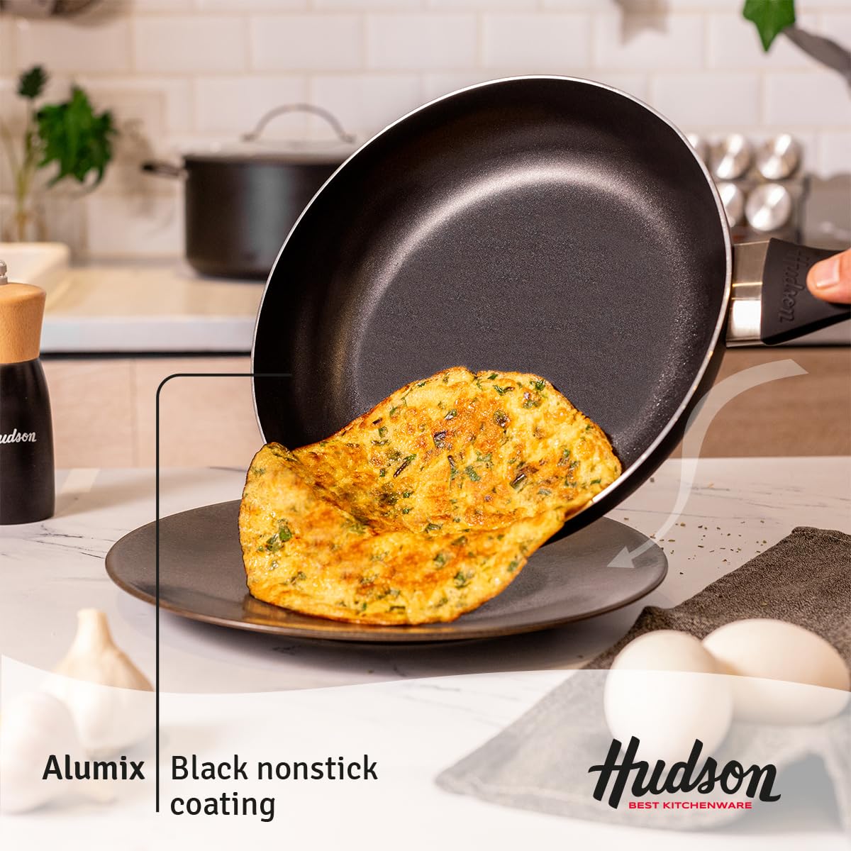 HUDSON Pots and pans Set Nonstick Black Cookware Sets, 5 pcs Set w/Frying Pan, Pot & Saucepan, Dishwasher Safe