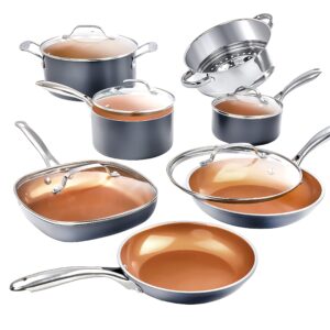 Gotham Steel Pots and Pans Set 12 Piece Cookware Set & Non Stick Ceramic Bakeware Set, 5 Piece No Warp & Dishwasher Safe Baking Set, Baking Pans Set