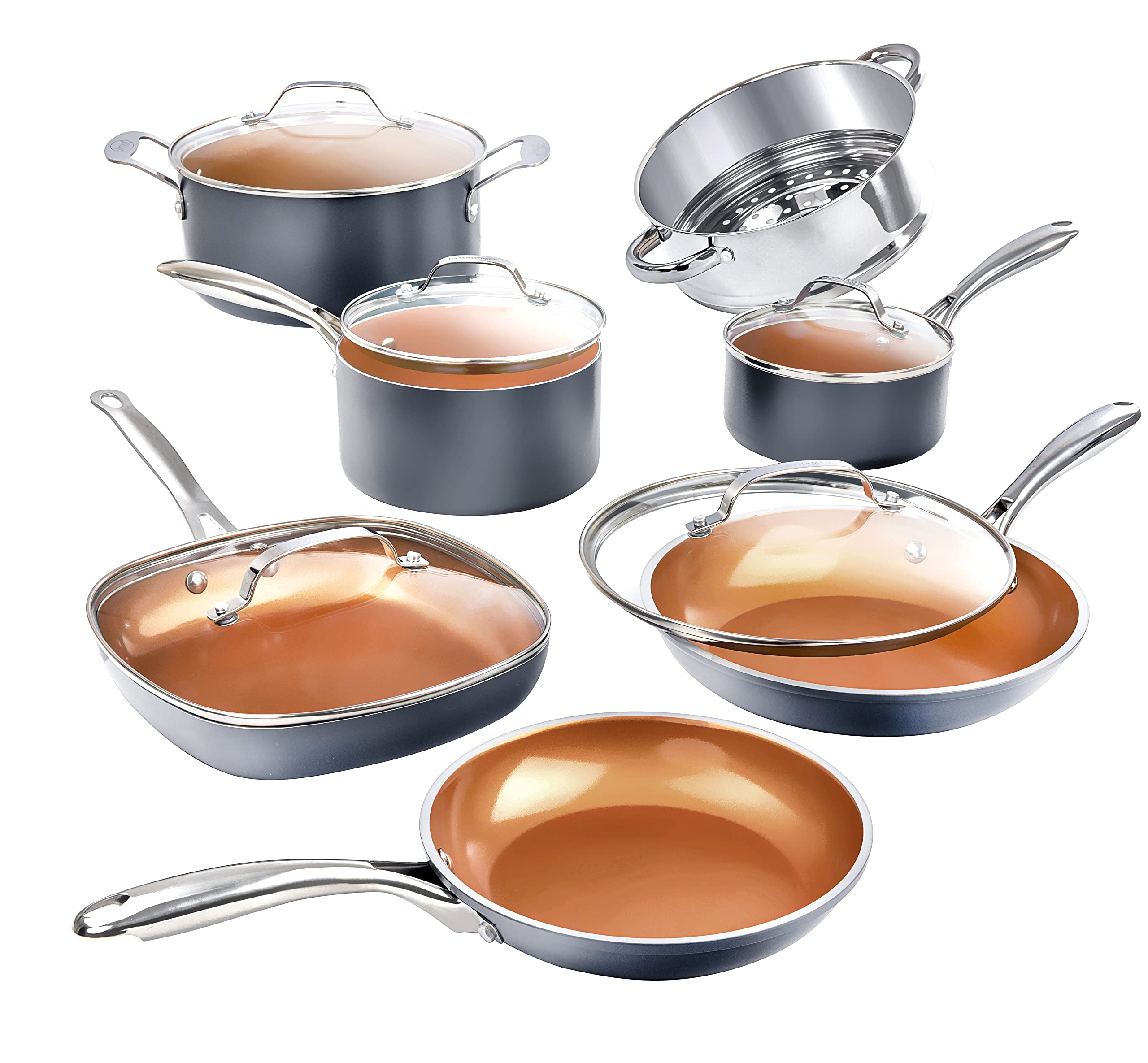 Gotham Steel Pots and Pans Set 12 Piece Cookware Set & Non Stick Ceramic Bakeware Set, 5 Piece No Warp & Dishwasher Safe Baking Set, Baking Pans Set