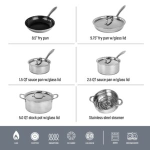 Granitestone Stainless Steel Pots and Pans Set Nonstick, 10 Pc Ceramic Kitchen Cookware Set, Induction Capable, Long Lasting Nonstick, Hammered Design, Cool Handles, Dishwasher Safe, 100% Toxin Free