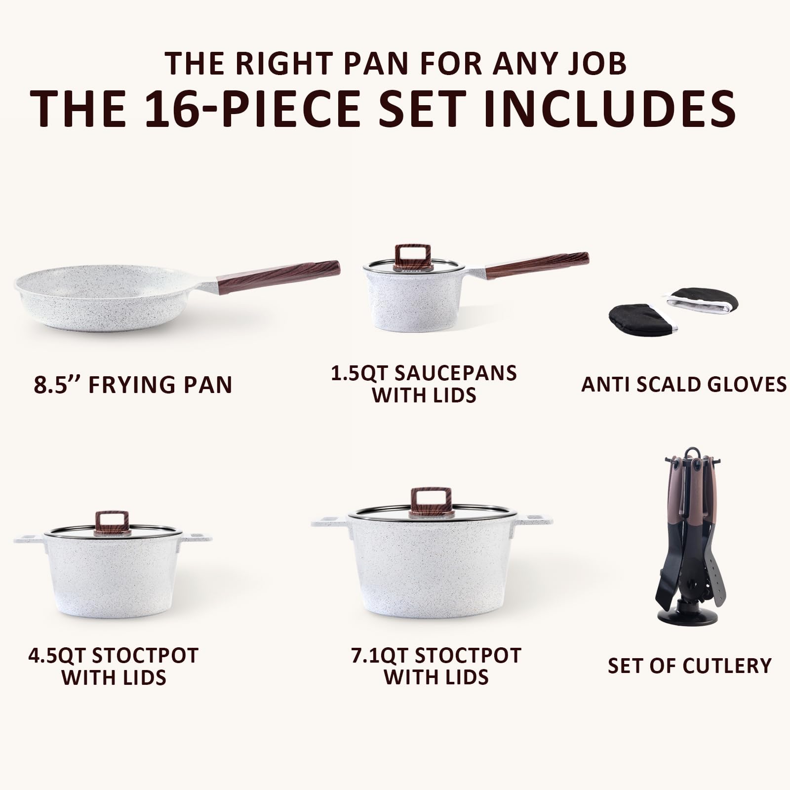 MGC Pots and Pans Set Nonstick Ceramic Coating 16 Piece Kitchen Cookware Sets PFAS-Free Dishwasher Safe