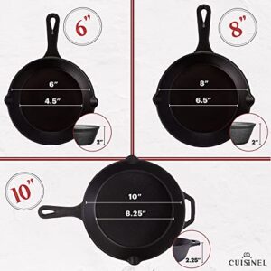 Cuisinel Cast Iron Skillets Set - 3-Piece: 6" + 8" + 10"-Inch Chef Frying Pans - Pre-Seasoned Cookware + 3 Silicone Handle Cover Grips - Use Indoor/Outdoor, Grill, Stove, BBQ, Fire, Oven