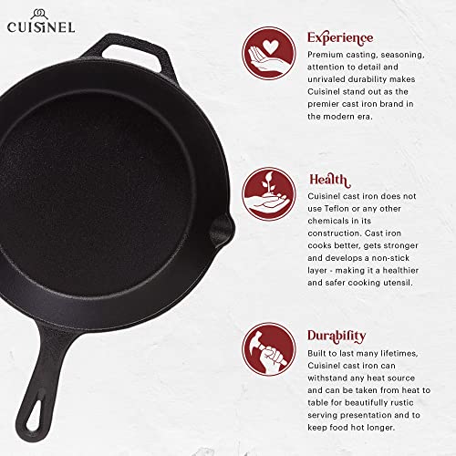 Cuisinel Cast Iron Skillets Set - 3-Piece: 6" + 8" + 10"-Inch Chef Frying Pans - Pre-Seasoned Cookware + 3 Silicone Handle Cover Grips - Use Indoor/Outdoor, Grill, Stove, BBQ, Fire, Oven