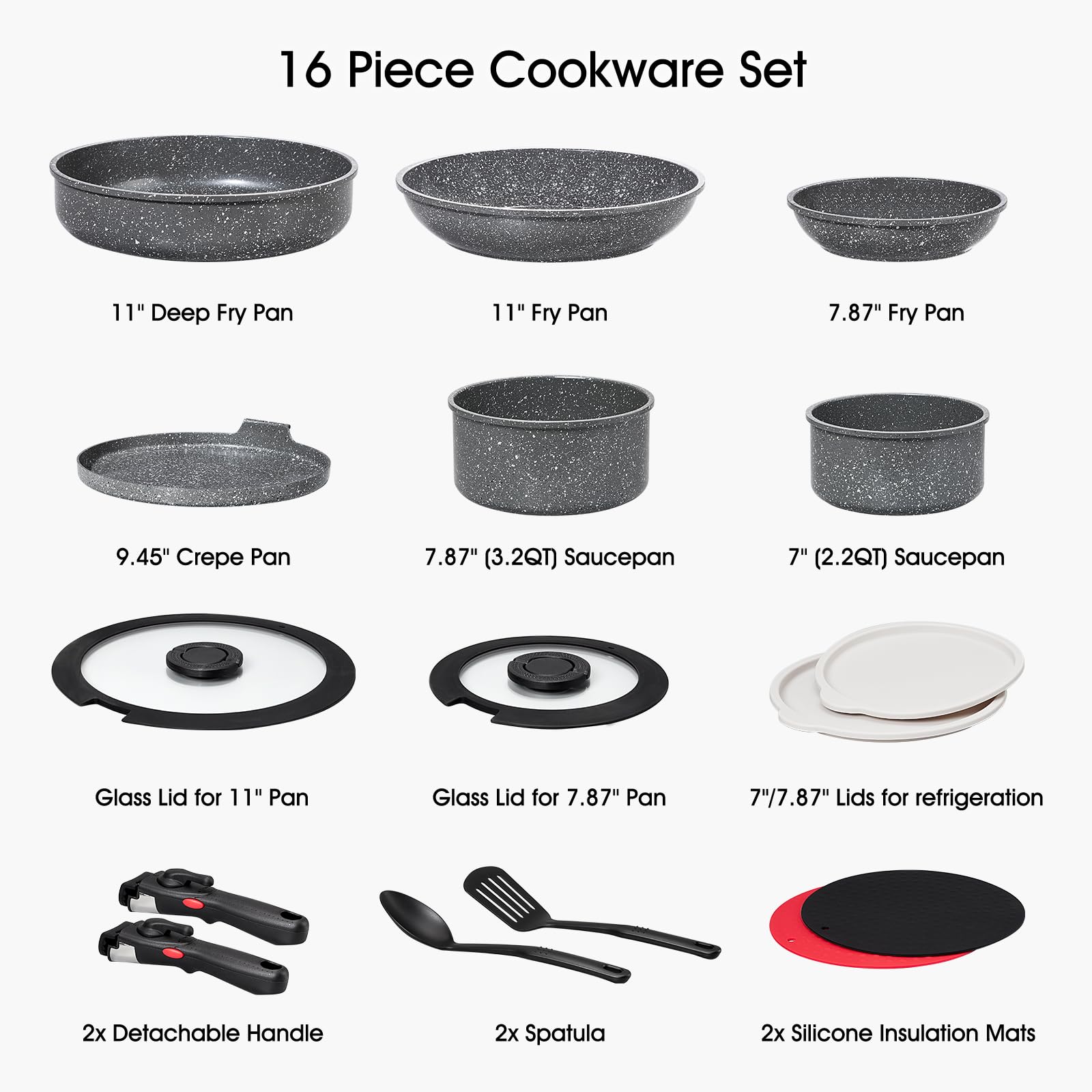 ROSSETTO 16pcs Pots and Pans Set Non Stick from France, Ceramic Cookware Set with Removable Handle, Induction RV Kitchen Cookware Set, Stackable, PFOA and PFAS Free, Oven Safe, Black Granite